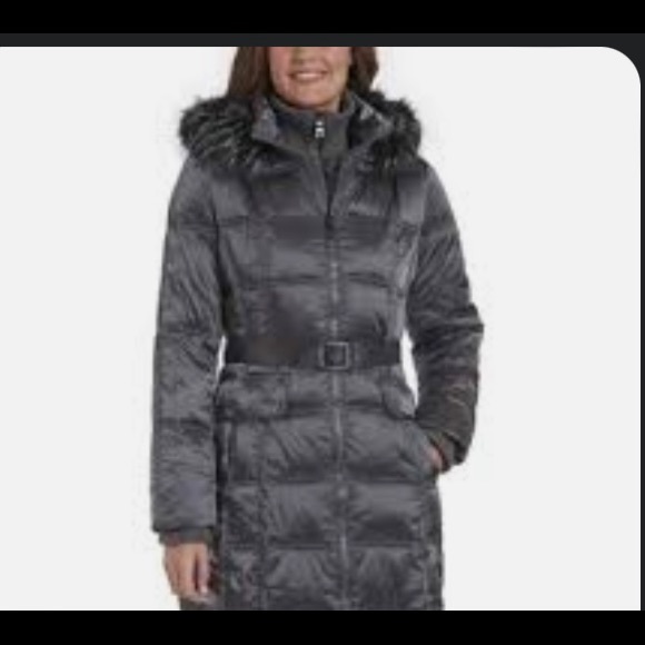 Kensie Faux Fur Trim Hoodie Quilted Coat Gray - Picture 2 of 2